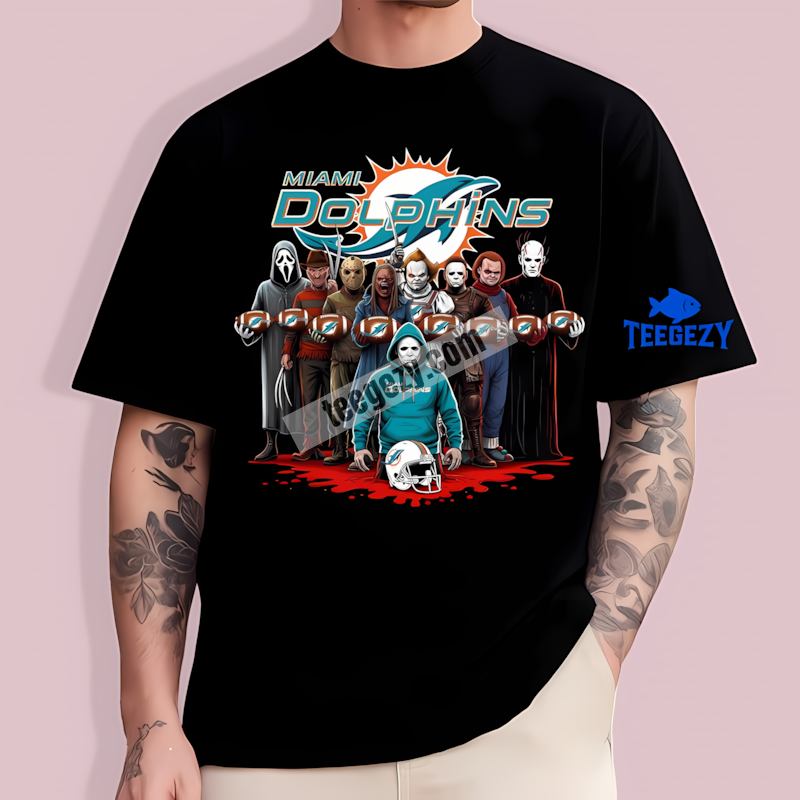 Miami Dolphins Horror Movie Characters Halloween Retro T-Shirt Miami Dolphins Horror Movie Characters Halloween Retro T-Shirt