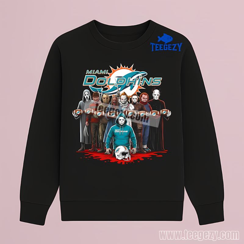 Miami Dolphins Horror Movie Characters Halloween Retro Long Sleeve Miami Dolphins Horror Movie Characters Halloween Retro Long Sleeve