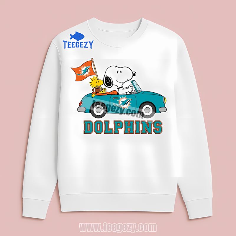 Miami Dolphins Snoopy Driving Car Graphic Long Sleeve Miami Dolphins Snoopy Driving Car Graphic Long Sleeve