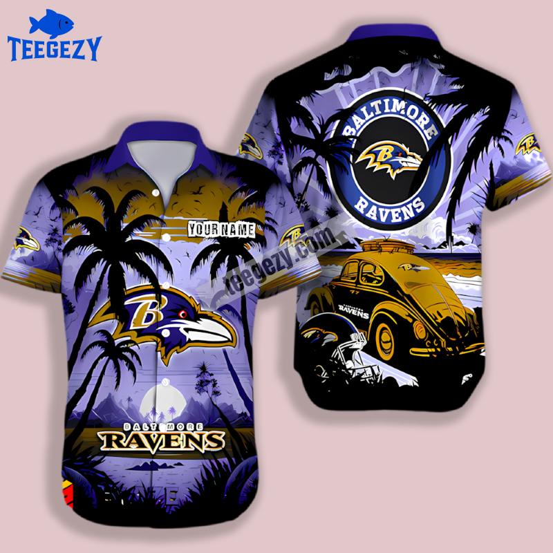 Personalized Ravens Car On Beach Purple Hawaiian Shirt Style Personalized Ravens Car On Beach Purple Hawaiian Shirt Style