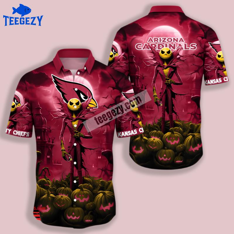 Spooky Jack Skellington Red Arizona Cardinals Hawaiian Button Down Spooky Jack Skellington Red Arizona Cardinals Hawaiian Button Down