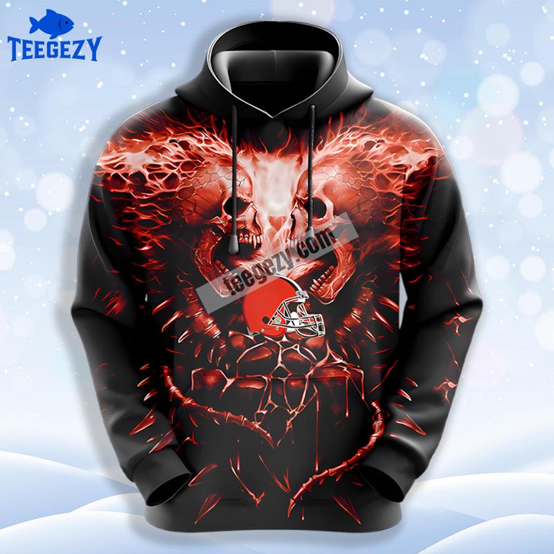 Spooky Two Skulls And Cleveland Browns 3D Art Hoodie Black