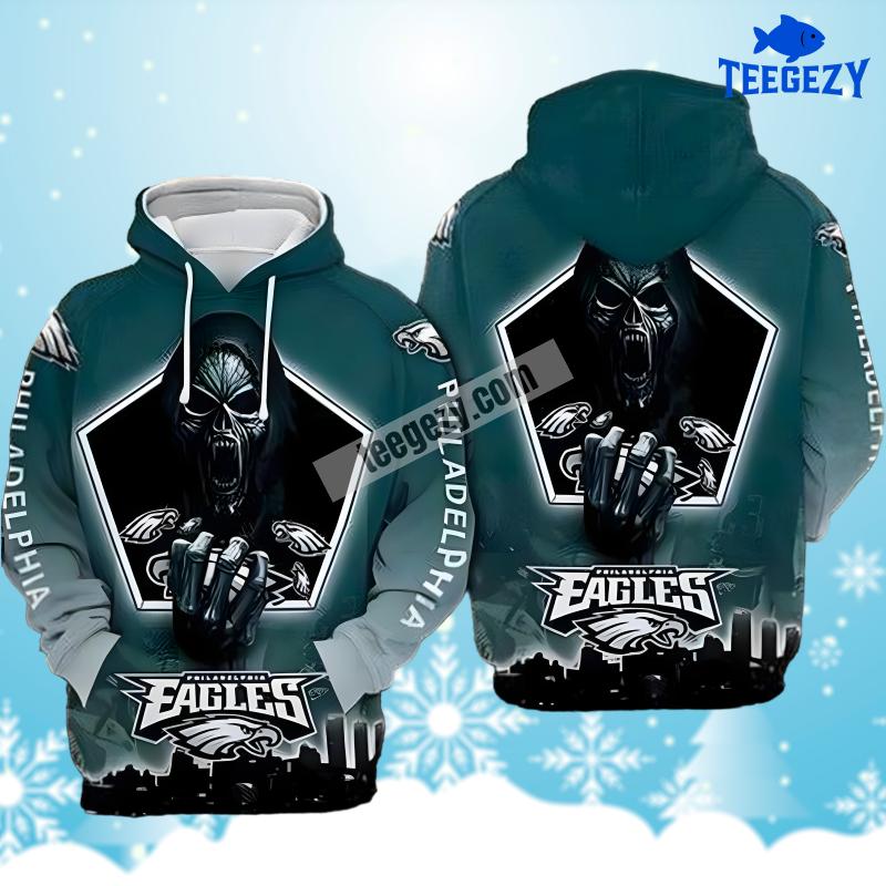 Angry Skull Philadelphia Eagles Black Blue Fashion 3D Hoodie Angry Skull Philadelphia Eagles Black Blue Fashion 3D Hoodie