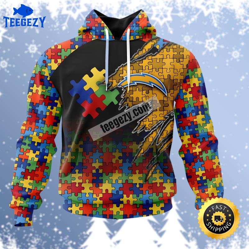 Autism Awareness Los Angeles Chargers Zip Up 3D Hoodie Yellow Black