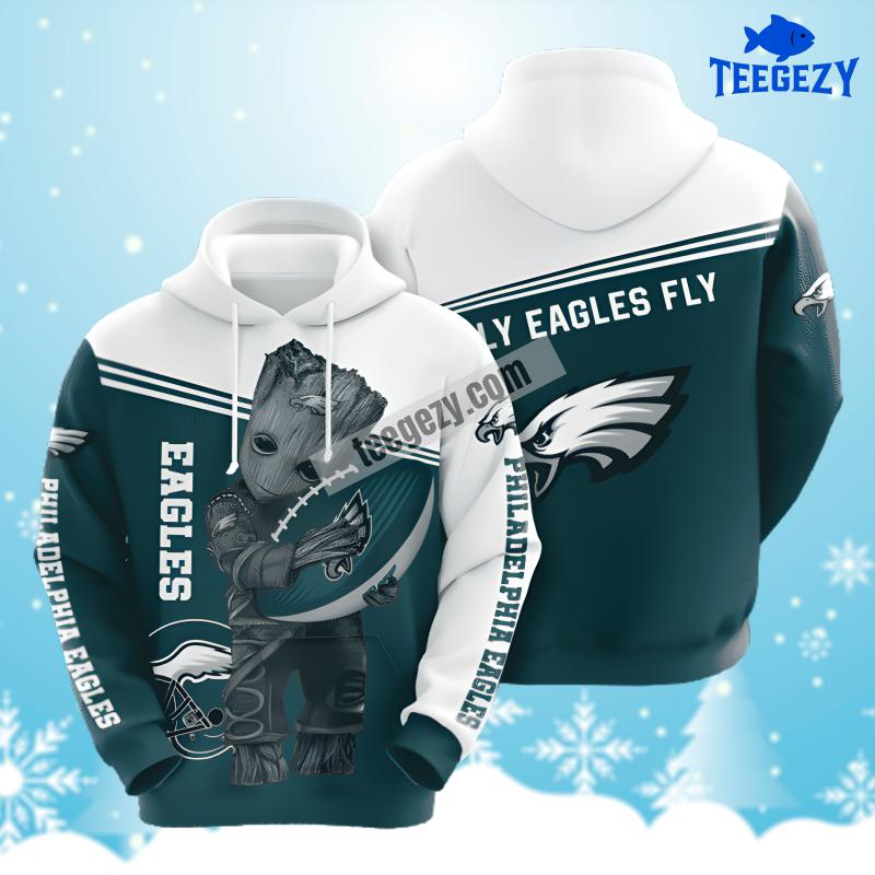Baby Groot Philadelphia Eagles White Blue Graphic 3D Hoodie Baby Groot Philadelphia Eagles White Blue Graphic 3D Hoodie