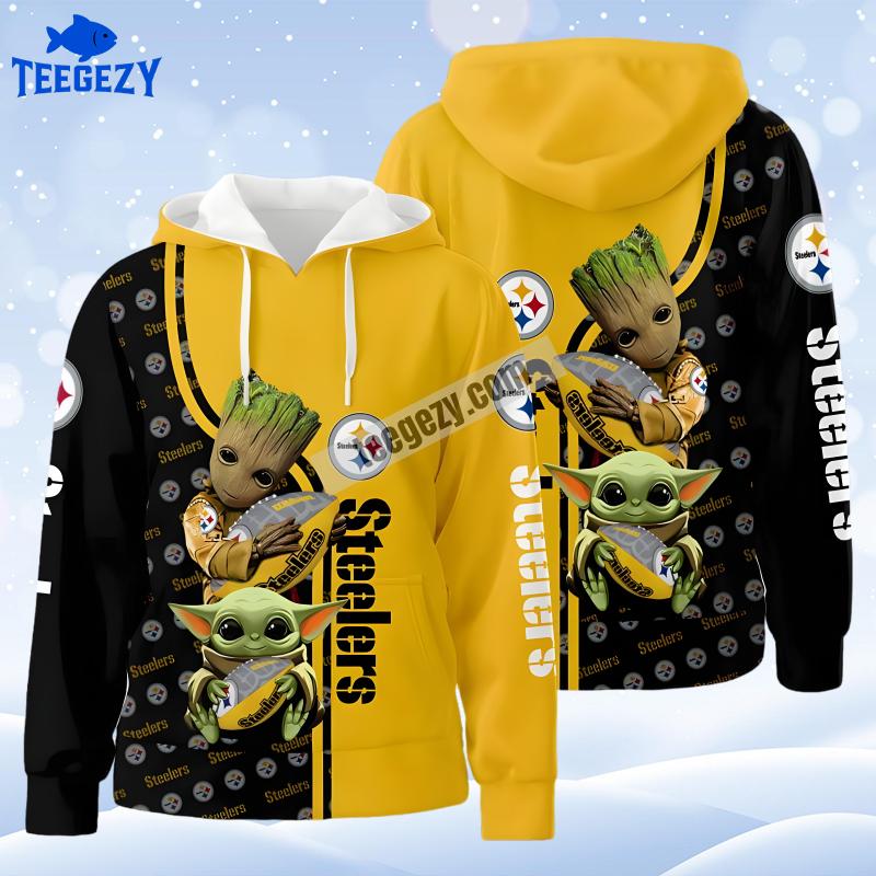 Baby Yoda Hug Pittsburgh Steelers Yellow Black Mens 3D Hoodie Baby Yoda Hug Pittsburgh Steelers Yellow Black Mens 3D Hoodie