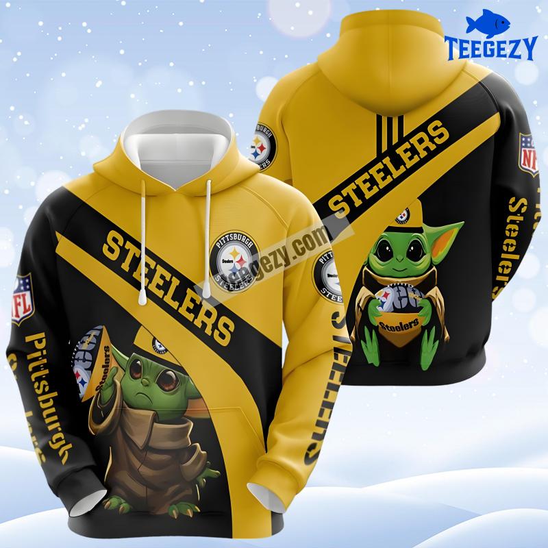 Baby Yoda Pittsburgh Steelers Yellow Black Printed 3D Hoodie Baby Yoda Pittsburgh Steelers Yellow Black Printed 3D Hoodie