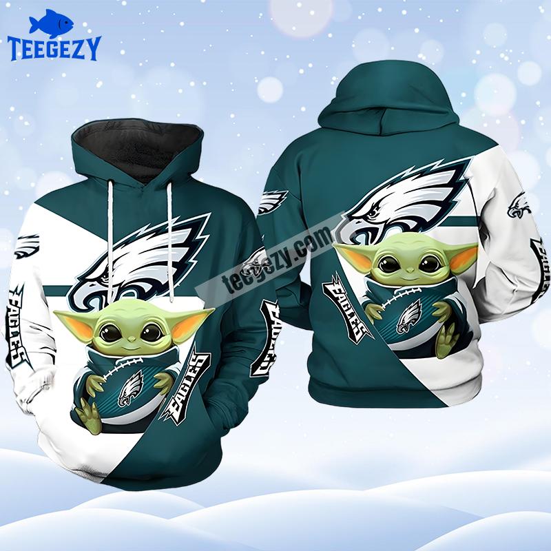 Baby Yoda Star Wars Philadelphia Eagles White Blue Youth 3D Hoodie Baby Yoda Star Wars Philadelphia Eagles White Blue Youth 3D Hoodie