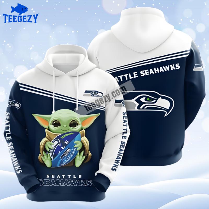 Baby Yoda Star Wars Seattle Seahawks White Blue Art 3D Hoodie Baby Yoda Star Wars Seattle Seahawks White Blue Art 3D Hoodie