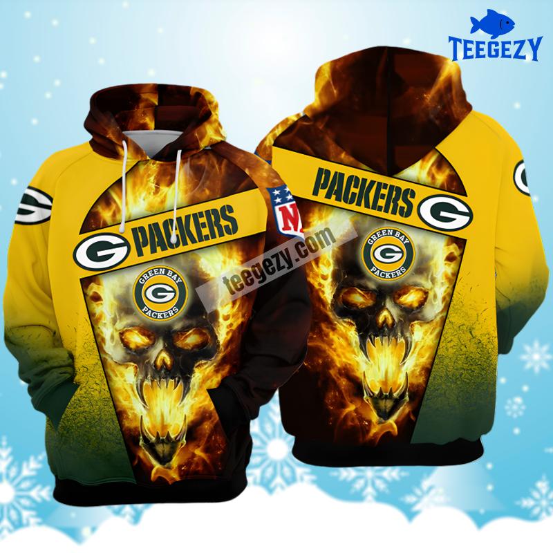 Burning Skull Green Bay Packers Yellow Dad Mom 3D Hoodie Burning Skull Green Bay Packers Yellow Dad Mom 3D Hoodie
