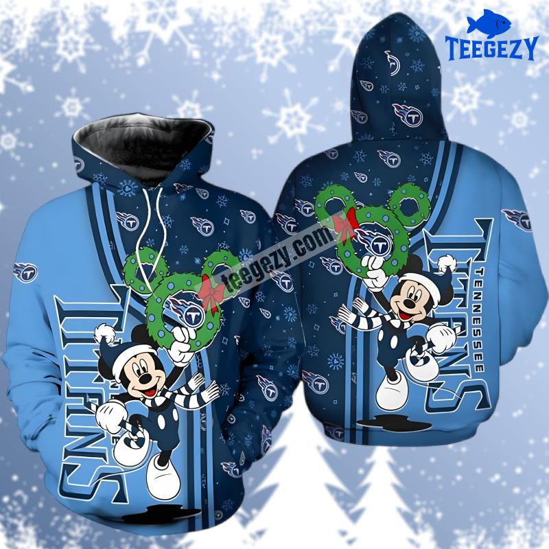 Christmas Mickey Mouse Tennessee Titans Logo Zip Up 3D Hoodie Blue