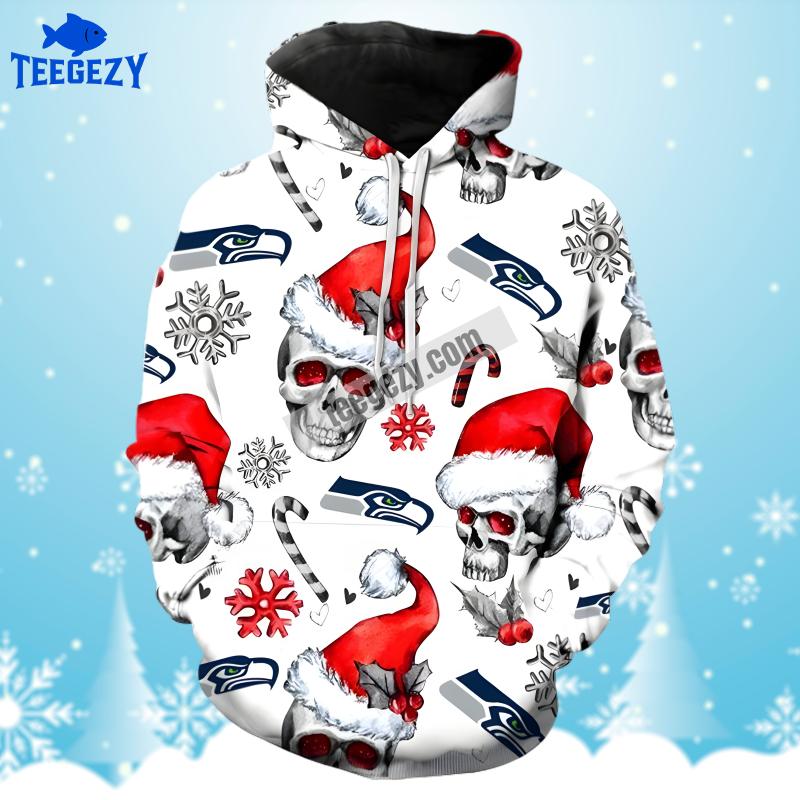 Christmas Santa Skull Candy Seattle Seahawks White Printed 3D Hoodie Christmas Santa Skull Candy Seattle Seahawks White Printed 3D Hoodie