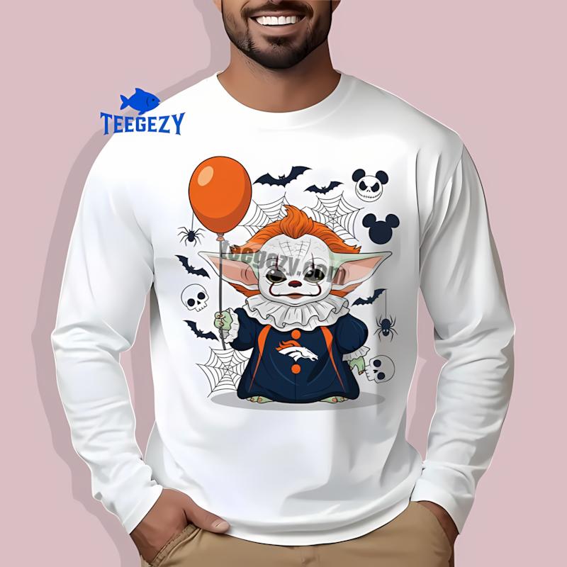 Denver Broncos Baby Yoda Pennywise Halloween Graphic Long Sleeve Denver Broncos Baby Yoda Pennywise Halloween Graphic Long Sleeve