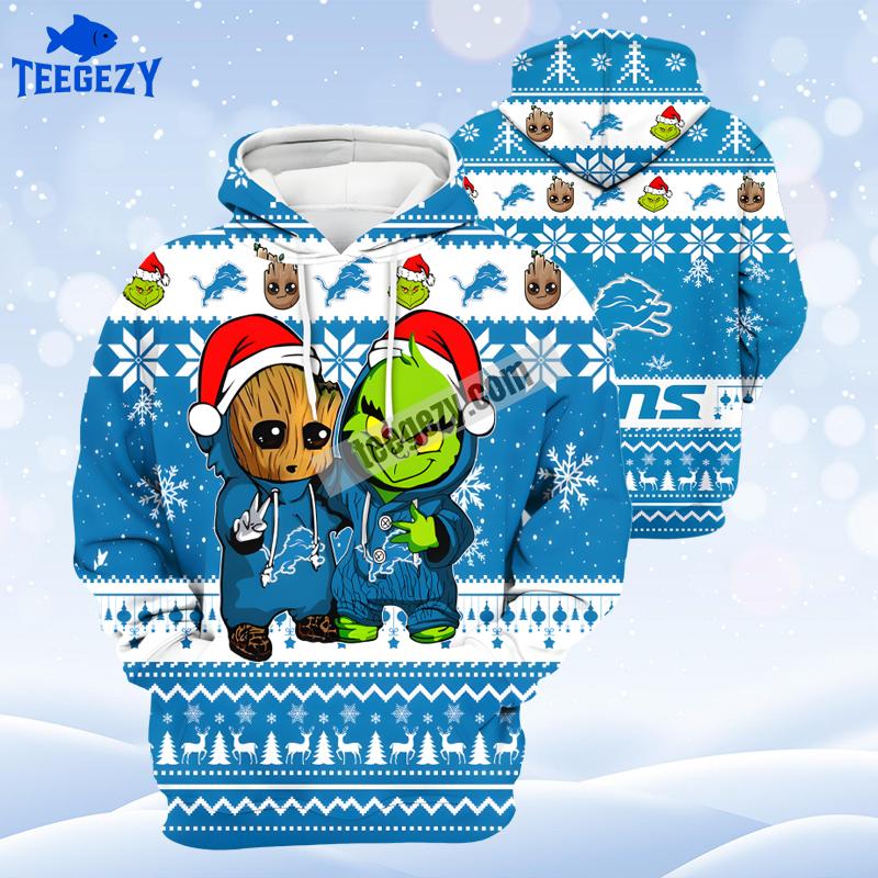 Detroit Lions Baby Groot Grinch Blue White Zip Up 3D Hoodie Detroit Lions Baby Groot Grinch Blue White Zip Up 3D Hoodie