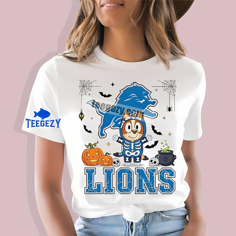 Detroit Lions Bingo Bluey Halloween Skeleton Pumpkin Statement T-Shirt Detroit Lions Bingo Bluey Halloween Skeleton Pumpkin Statement T-Shirt