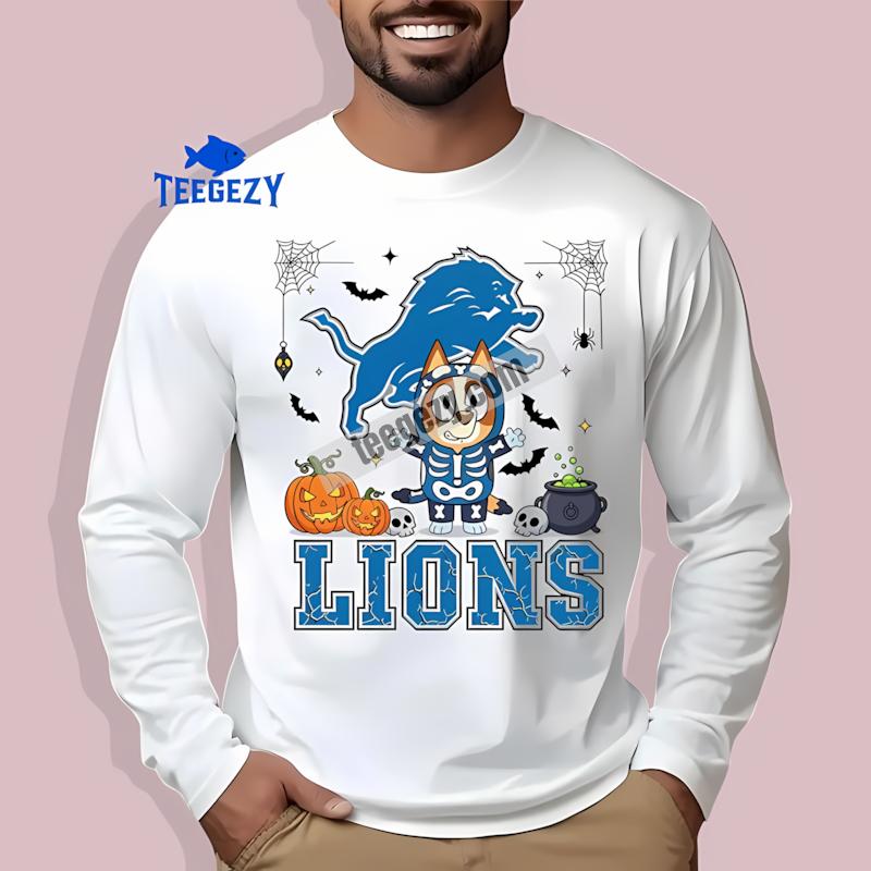 Detroit Lions Bingo Bluey Halloween Skeleton Pumpkin Statement Long Sleeve Detroit Lions Bingo Bluey Halloween Skeleton Pumpkin Statement Long Sleeve