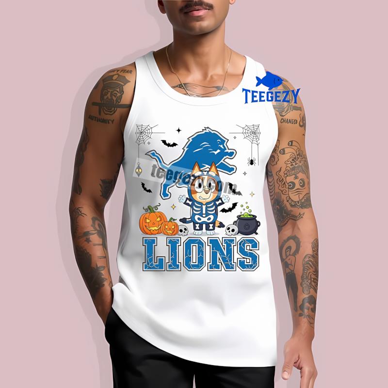 Detroit Lions Bingo Bluey Halloween Skeleton Pumpkin Statement Tanktop Detroit Lions Bingo Bluey Halloween Skeleton Pumpkin Statement Tanktop