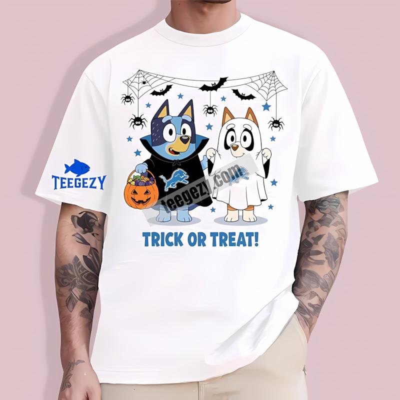Detroit Lions Bluey Bingo Trick Or Treat Halloween T-Shirt Detroit Lions Bluey Bingo Trick Or Treat Halloween T-Shirt
