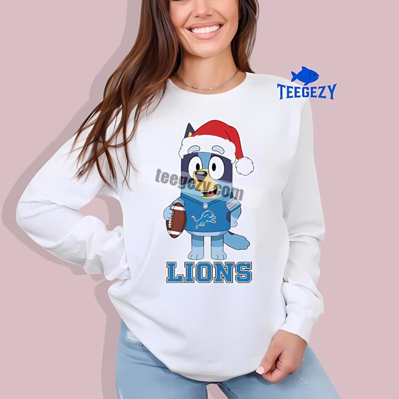 Detroit Lions Bluey Christmas Santa Hat Graphic Long Sleeve Detroit Lions Bluey Christmas Santa Hat Graphic Long Sleeve