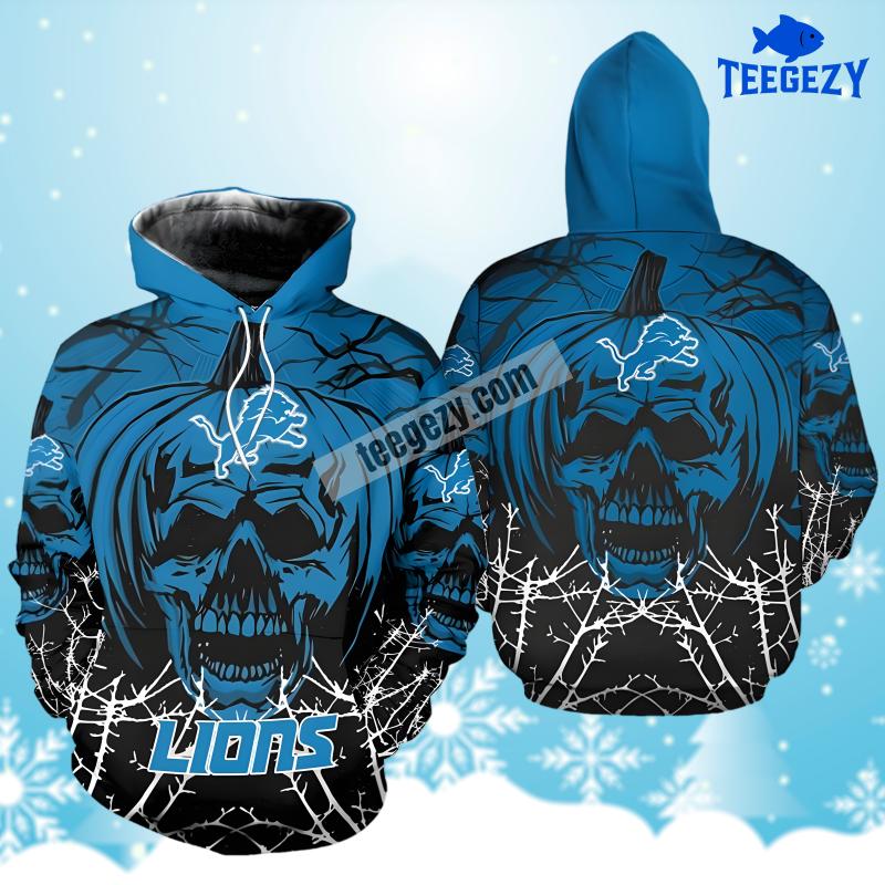 Detroit Lions Halloween Pumpkin Skull Blue Black Printed 3D Hoodie Detroit Lions Halloween Pumpkin Skull Blue Black Printed 3D Hoodie