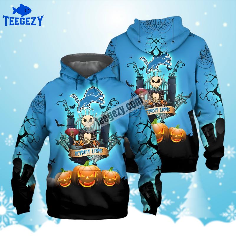 Detroit Lions Jack Skellington Pumpkin Halloween Blue Graphic 3D Hoodie Detroit Lions Jack Skellington Pumpkin Halloween Blue Graphic 3D Hoodie