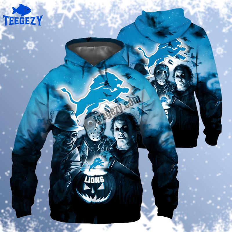 Detroit Lions Michael Myers Jason Voorhees Halloween Blue Fashion 3D Hoodie Detroit Lions Michael Myers Jason Voorhees Halloween Blue Fashion 3D Hoodie