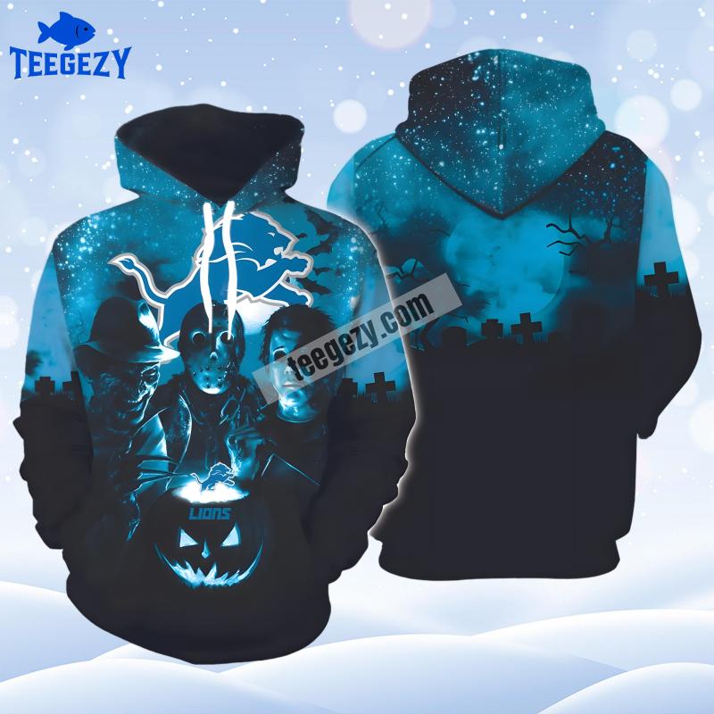 Detroit Lions Michael Myers Jason Voorhees Halloween Blue Jacket 3D Hoodie Detroit Lions Michael Myers Jason Voorhees Halloween Blue Jacket 3D Hoodie