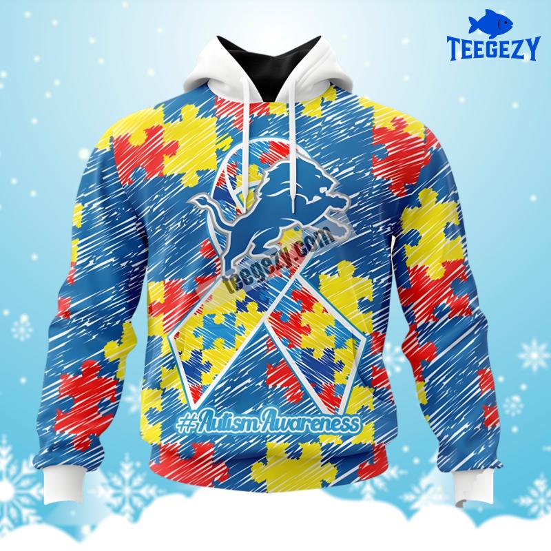 Detroit Lions Puzzle Autism Awareness Blue Pattern 3D Hoodie Detroit Lions Puzzle Autism Awareness Blue Pattern 3D Hoodie