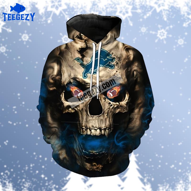 Detroit Lions Skull Blue Brown Pullover 3D Hoodie Detroit Lions Skull Blue Brown Pullover 3D Hoodie