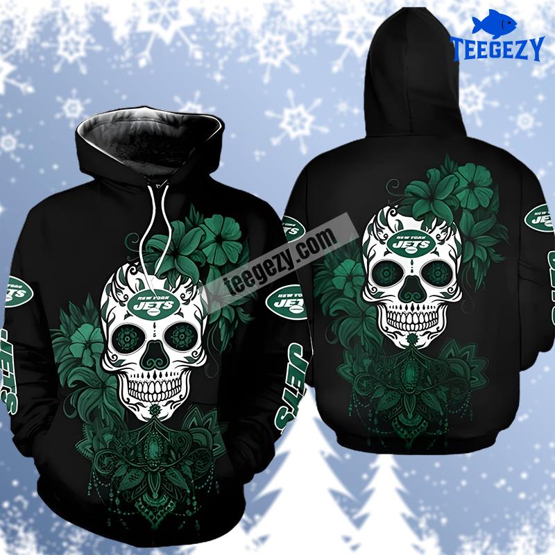 Flower Skull New York Jets Black Green 3D Hoodie Flower Skull New York Jets Black Green 3D Hoodie