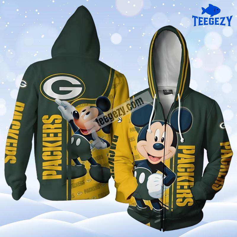 Green Bay Packers Mickey Mouse Green Yellow Pattern 3D Hoodie Green Bay Packers Mickey Mouse Green Yellow Pattern 3D Hoodie