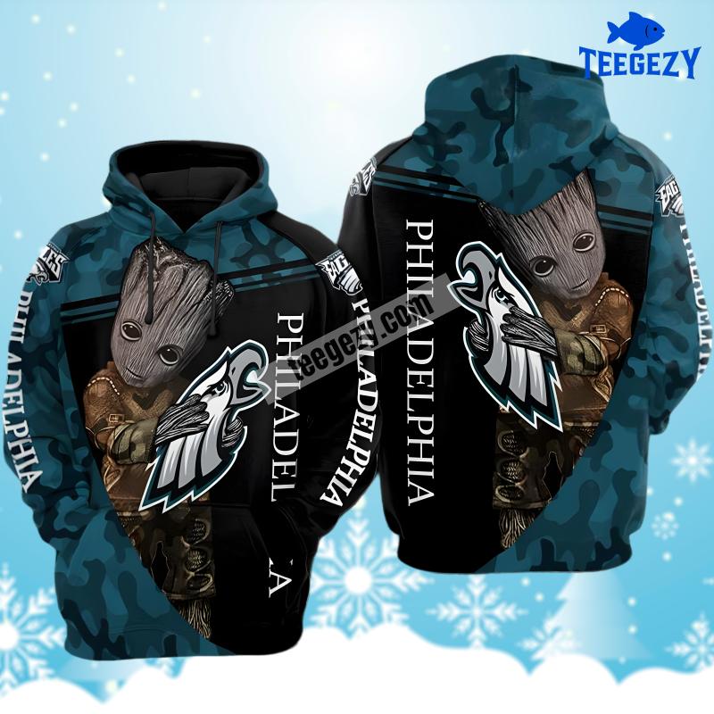 Groot Hugging Philadelphia Eagles Black Blue Graphic 3D Hoodie Groot Hugging Philadelphia Eagles Black Blue Graphic 3D Hoodie