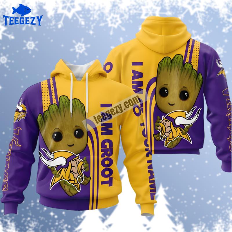 Groot Minnesota Vikings Yellow Purple Zip Up 3D Hoodie Groot Minnesota Vikings Yellow Purple Zip Up 3D Hoodie