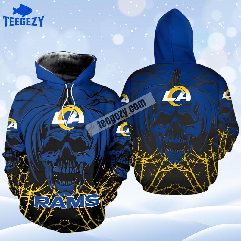 Halloween Pumpkin Skull Los Angeles Rams Blue Yellow Design 3D Hoodie Halloween Pumpkin Skull Los Angeles Rams Blue Yellow Design 3D Hoodie