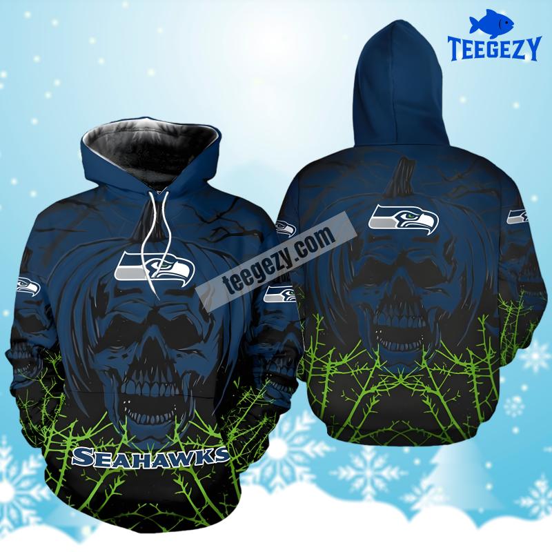 Halloween Pumpkin Skull Seattle Seahawks Blue For Sale 3D Hoodie Halloween Pumpkin Skull Seattle Seahawks Blue For Sale 3D Hoodie