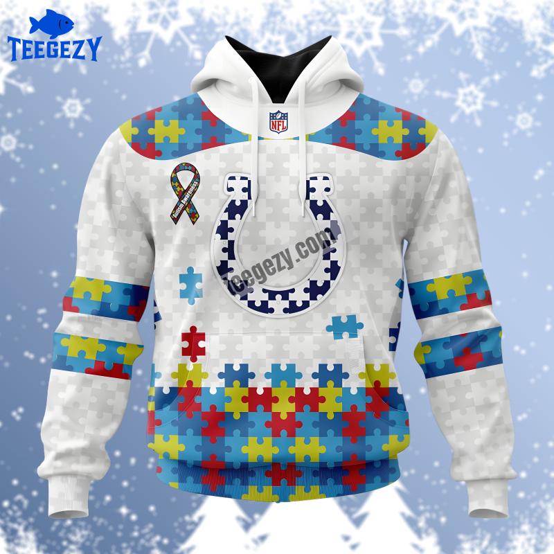 Indianapolis Colts Autism Awareness Puzzle Ribbon White Pattern 3D Hoodie Indianapolis Colts Autism Awareness Puzzle Ribbon White Pattern 3D Hoodie