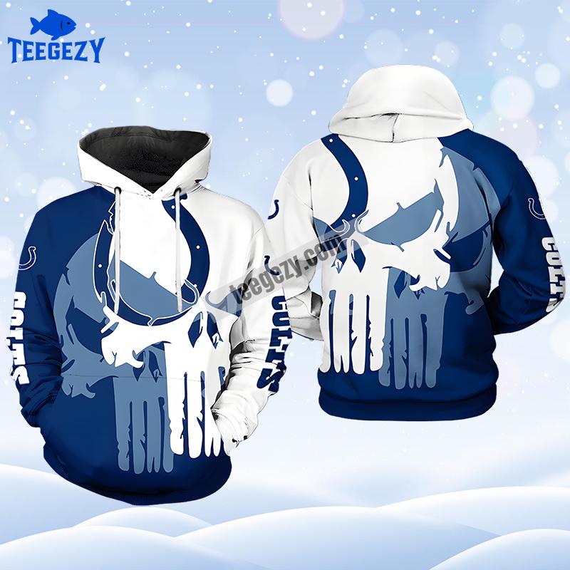 Indianapolis Colts Skull Halloween Blue White Pattern 3D Hoodie Indianapolis Colts Skull Halloween Blue White Pattern 3D Hoodie