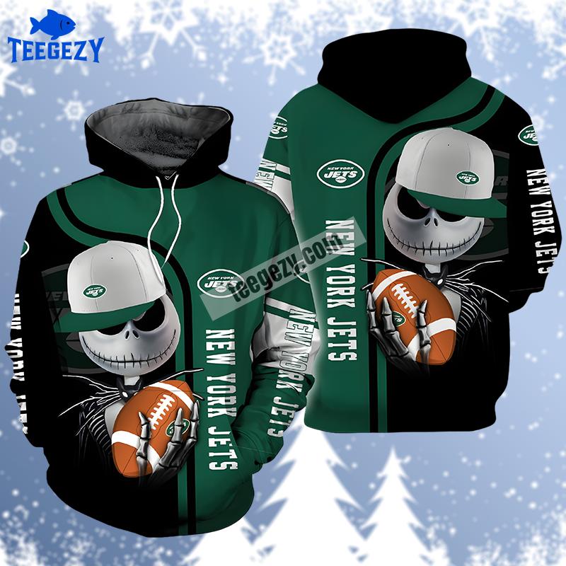 Jack Skellington Halloween New York Jets Green Black Zipper 3D Hoodie Jack Skellington Halloween New York Jets Green Black Zipper 3D Hoodie