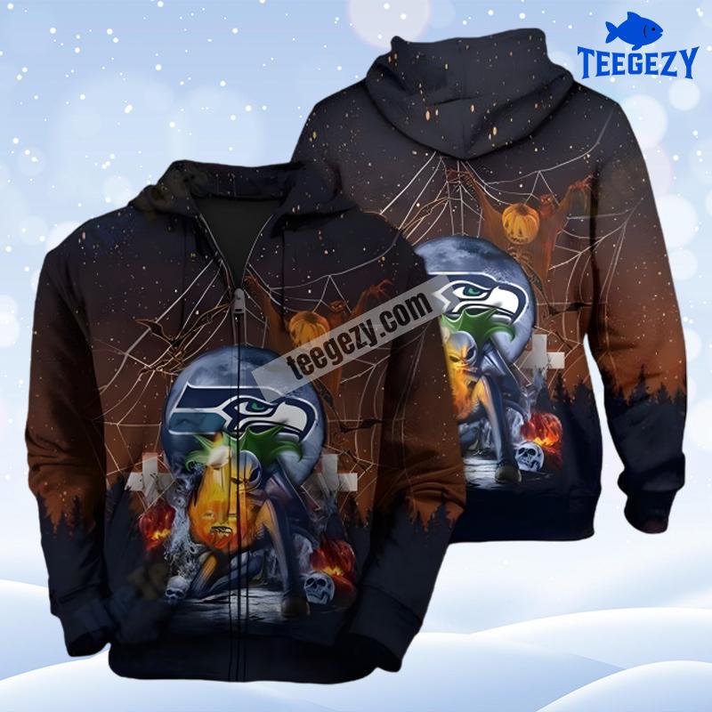 Jack Skellington Halloween Pumpkin Seattle Seahawks Black Womens 3D Hoodie Jack Skellington Halloween Pumpkin Seattle Seahawks Black Womens 3D Hoodie
