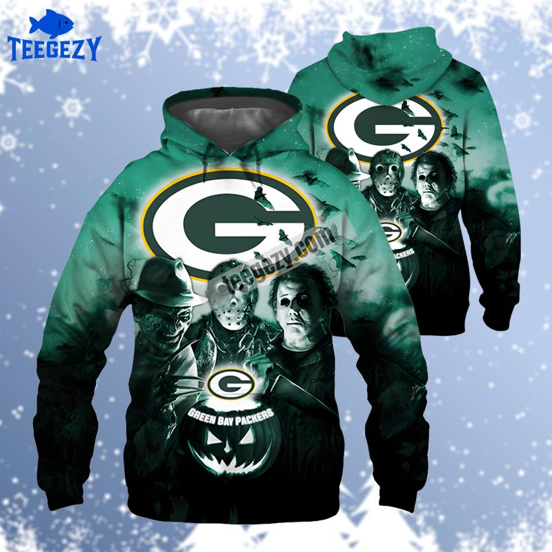 Jason Voorhees Freddy Krueger Halloween Green Bay Packers Green Fashion 3D Hoodie Jason Voorhees Freddy Krueger Halloween Green Bay Packers Green Fashion 3D Hoodie