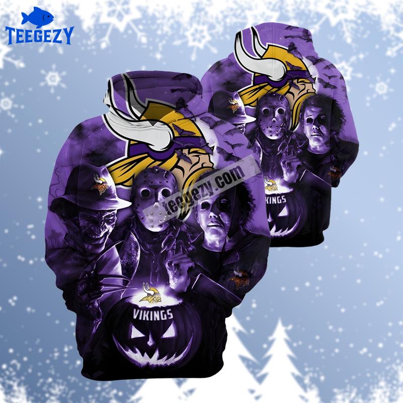 Jason Voorhees Freddy Krueger Minnesota Vikings Purple Pullover 3D Hoodie Jason Voorhees Freddy Krueger Minnesota Vikings Purple Pullover 3D Hoodie