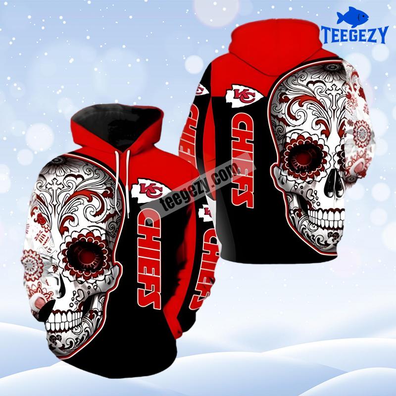 Kansas City Chiefs Skull Flower Red Black Graphic 3D Hoodie Kansas City Chiefs Skull Flower Red Black Graphic 3D Hoodie
