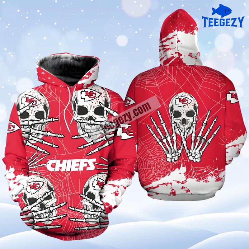 Kansas City Chiefs Skull Halloween White Red Pullover 3D Hoodie Kansas City Chiefs Skull Halloween White Red Pullover 3D Hoodie