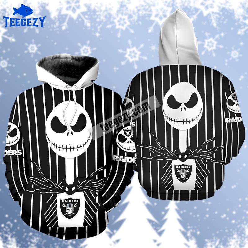 Las Vegas Raiders Halloween Jack Skellington White Black Art 3D Hoodie Las Vegas Raiders Halloween Jack Skellington White Black Art 3D Hoodie