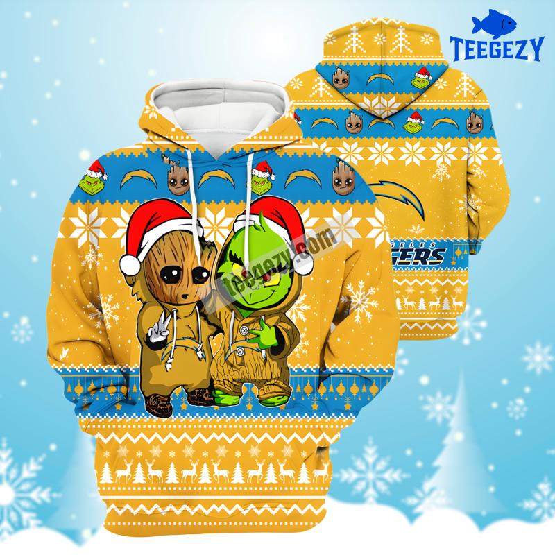 Los Angeles Chargers Baby Groot Grinch Yellow Blue Pullover 3D Hoodie Los Angeles Chargers Baby Groot Grinch Yellow Blue Pullover 3D Hoodie