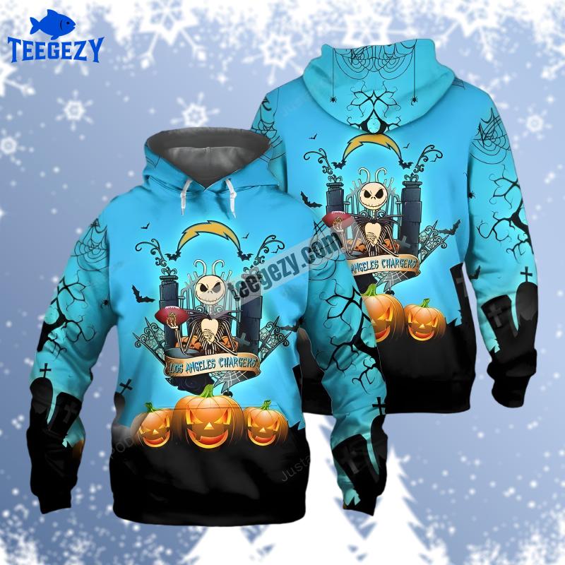 Los Angeles Chargers Jack Skellington Pumpkin Halloween Black Blue 3D Hoodie Los Angeles Chargers Jack Skellington Pumpkin Halloween Black Blue 3D Hoodie