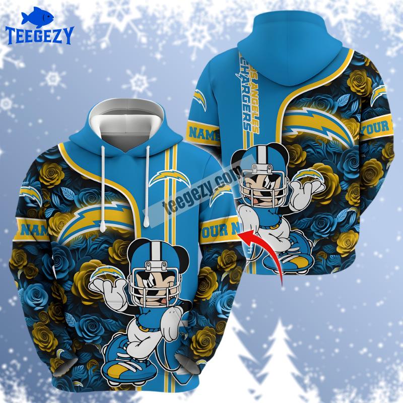 Los Angeles Chargers Mickey Mouse Flower Blue Graphic Personalized 3D Hoodie Los Angeles Chargers Mickey Mouse Flower Blue Graphic Personalized 3D Hoodie