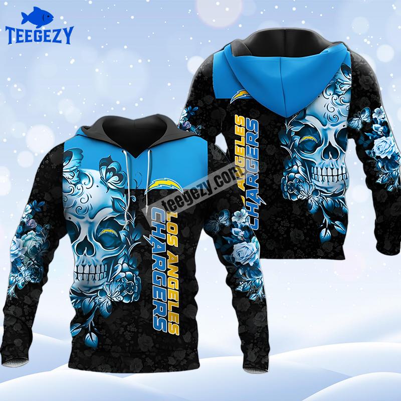 Los Angeles Chargers Skull Flower Black Blue Womens 3D Hoodie Los Angeles Chargers Skull Flower Black Blue Womens 3D Hoodie