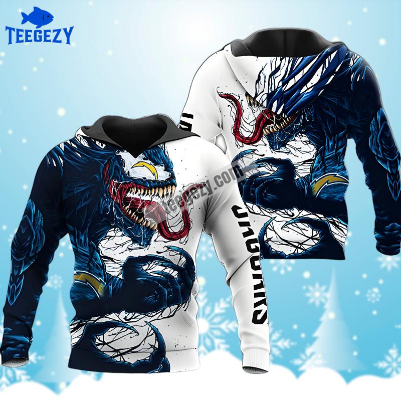 Los Angeles Chargers Venom Halloween Blue White Zipper 3D Hoodie Los Angeles Chargers Venom Halloween Blue White Zipper 3D Hoodie
