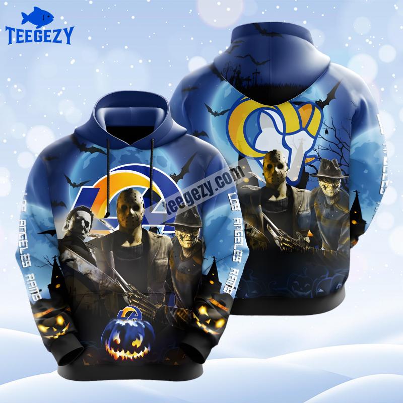 Los Angeles Rams Michael Myers Freddy Krueger Blue Pullover 3D Hoodie Los Angeles Rams Michael Myers Freddy Krueger Blue Pullover 3D Hoodie